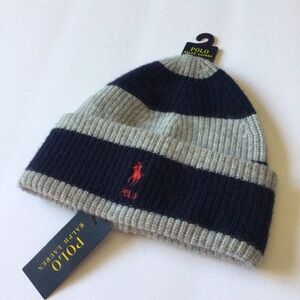 POLO RALPH LAUREN RUGBY STRIPE WOOL BEANIE NAVY/GRAY WITH RED PONY LOGO NWT